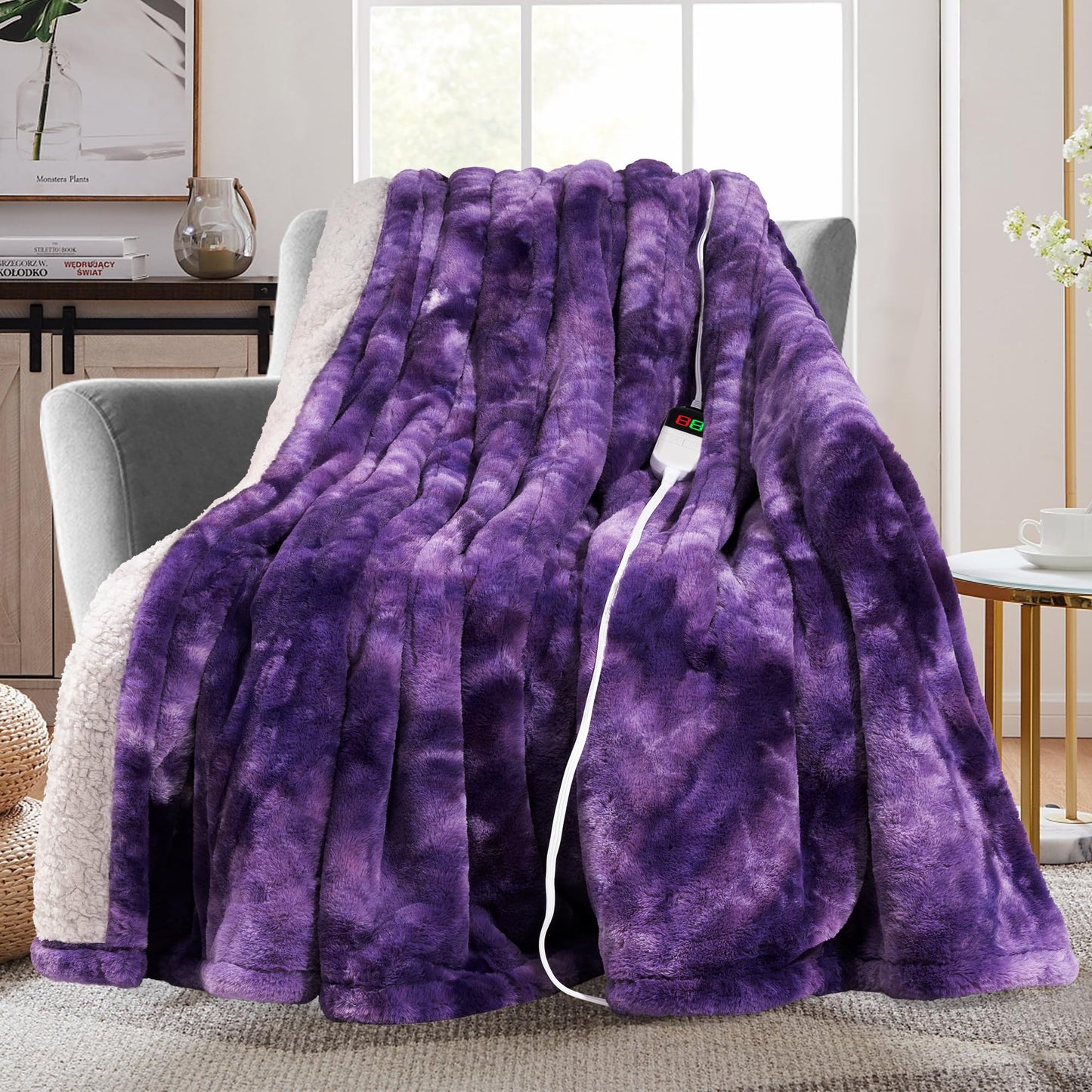 MAXEVE Electric Heated Throw Faux Rabbit Fur Blanket with 8 Heating Levels & 8 Hours Auto Off, Fast Heating Warm Cozy Sherpa Washable Blanket with Over-Heat Protection, ETL Certification, Grey