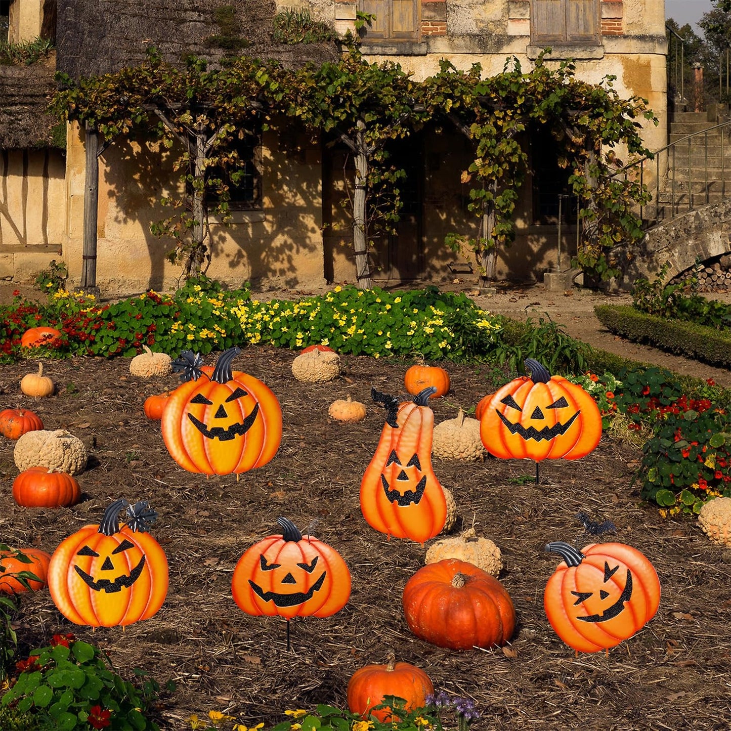 Juegoal 2 Pack Halloween Garden Stakes, Stacked Metal Pumpkins Jack-o-Lantern Lawn Decor, Yard Signs Stake Outdoor Decorative 3D Pumpkin Home Lawn Pathway Driveway Decorations