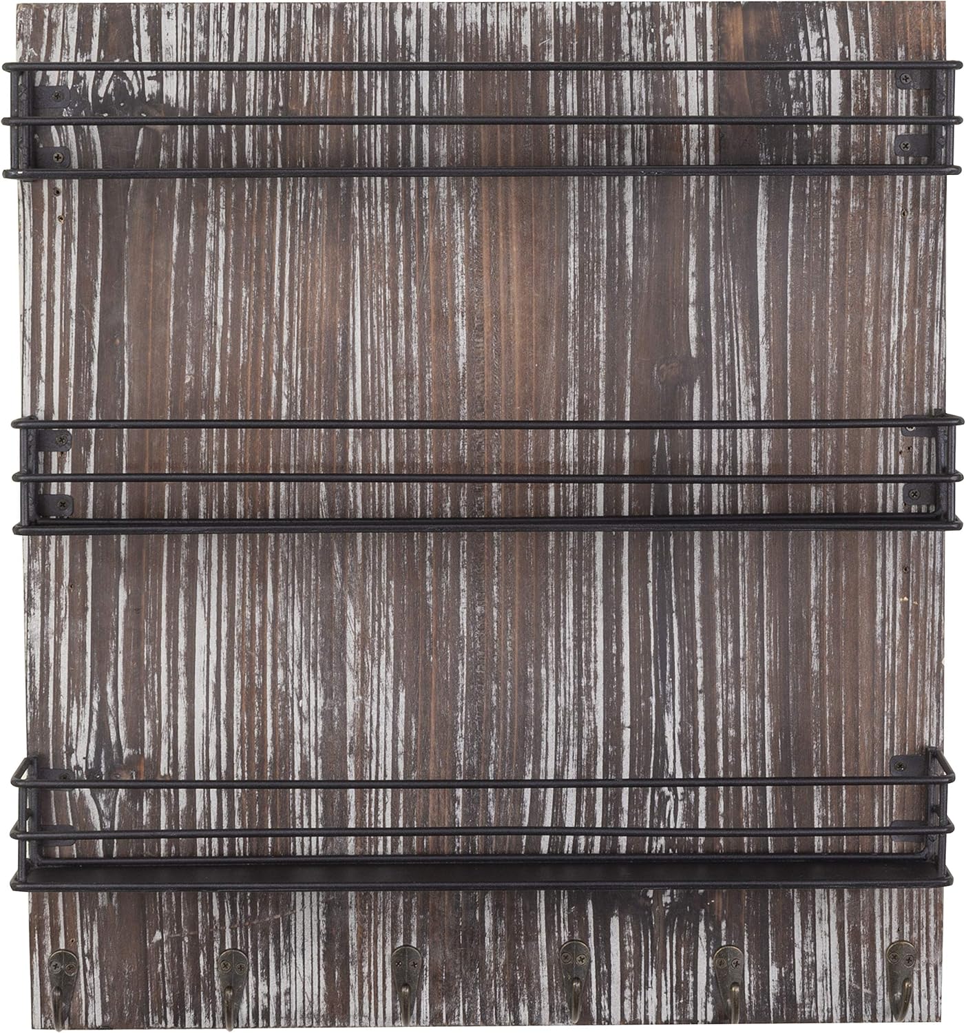 MyGift 3 Tier Black Metal Wire Kitchen Spice Rack Organizer with Torched Wood Wall Mount and 6 Hooks, Seasoning Jars and Hanging Cooking Utensil Rack
