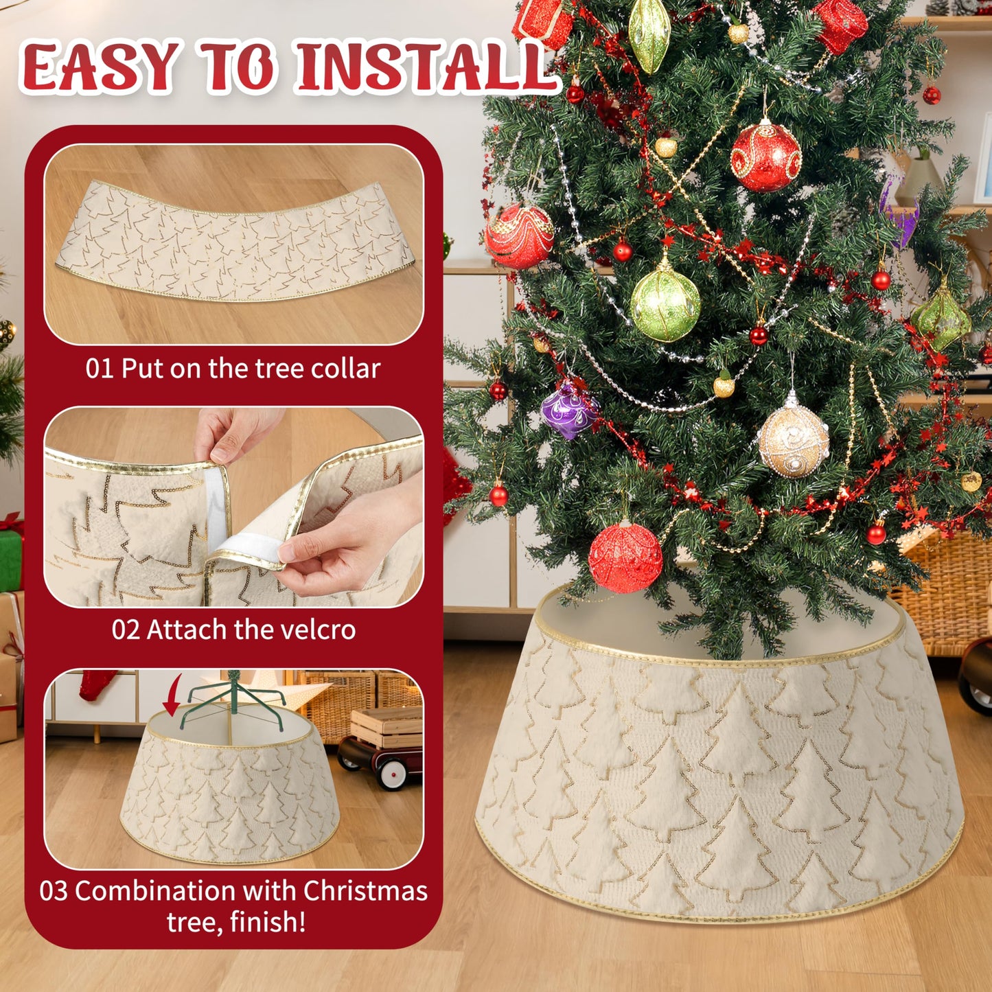 Faux Plush Christmas Tree Collar,Rustic Farmhouse Tree Skirt Ring with Xmas Tree Textured Pattern for Holiday Christmas Indoor Home Decor
