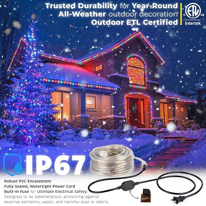 WYZworks 576LEDs 50ft LED Outside Rope Lights, Outdoor ETL Certified Waterproof Permanent 360 Degree Light Emitting, Flexible Tube, Connectable, Christmas Palm Tree Exterior Landscape, Colorful