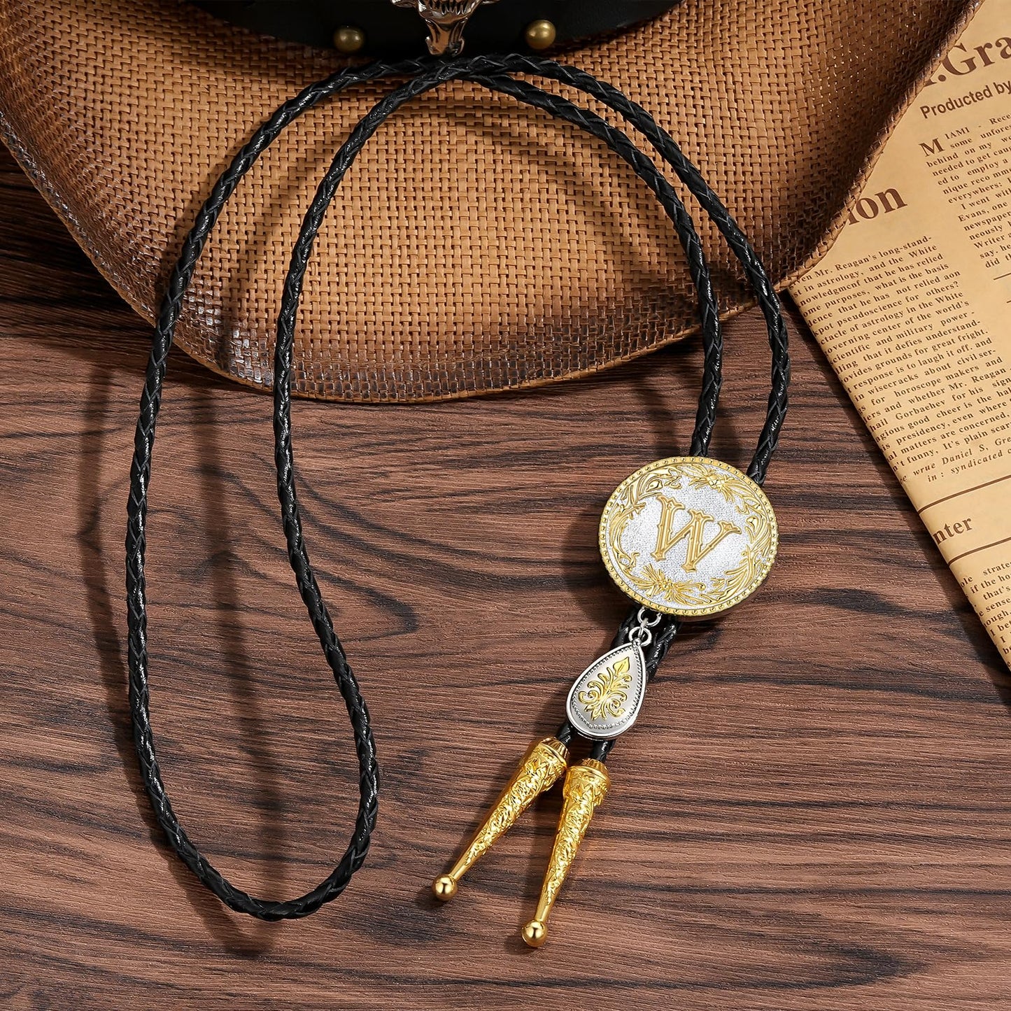 HUABOLA CALYN Western Bolo Tie for Men Gold Initial Letter A to Z Native American Bola Ties Rodeo Cowboy Leather Necktie Western Necklace Costume Accessories for Men,Women (W)