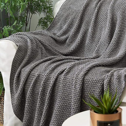 Longhui bedding Grey Knitted Throw Blanket for Couch, Soft, Cozy Machine Washable 100% Cotton Sofa Knit Blankets, Heavy 3.0lb Weight, 51 x 63 Inches, Gray and White Color,Laundry Bag Included