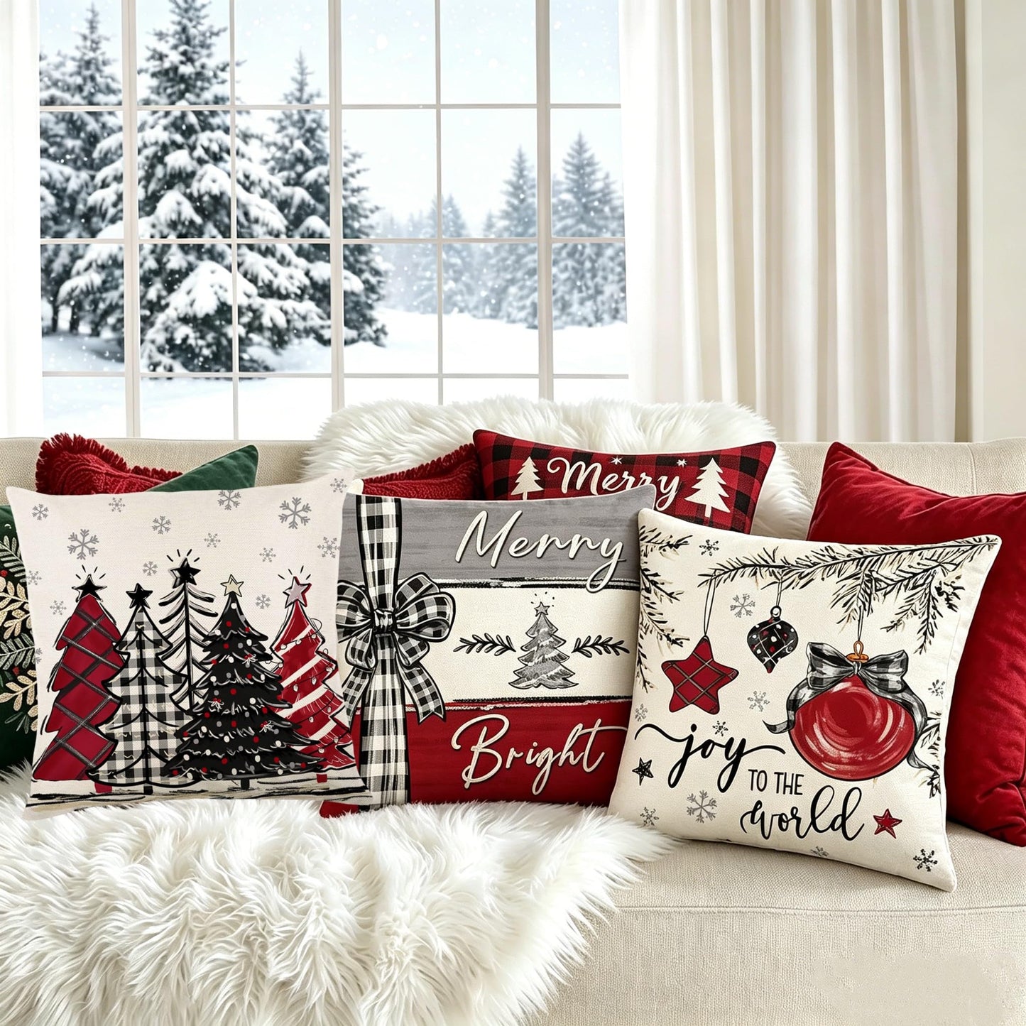 Ni-JASW Red Grey Plaid Christmas Throw Pillow Covers 18x18 inch, Farmhouse Let it Snow Tree Balls Xmas Cushion Case for Sofa Couch Set of 4