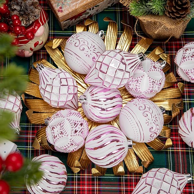 16PCS Shatterproof Christmas Ball Ornaments Set, Hand-Painted Holiday Decor with Assorted Sizes & Designs for Christmas Tree Thanksgiving Party Decoration, Pink-White