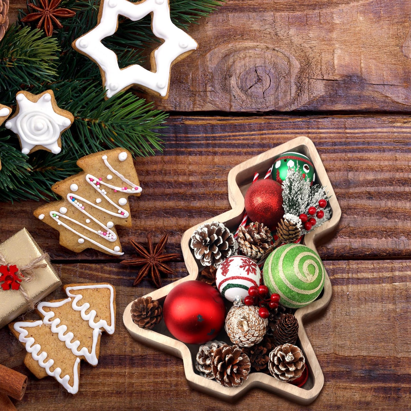 Sliner 3 Pcs Wooden Christmas Tree Trays Christmas Serving Decorative Platter Food Serving Dishes Rustic Farmhouse Style Fruit Platter Tray for Xmas Holiday Party Housewarming Gift Kitchen Dinnerware