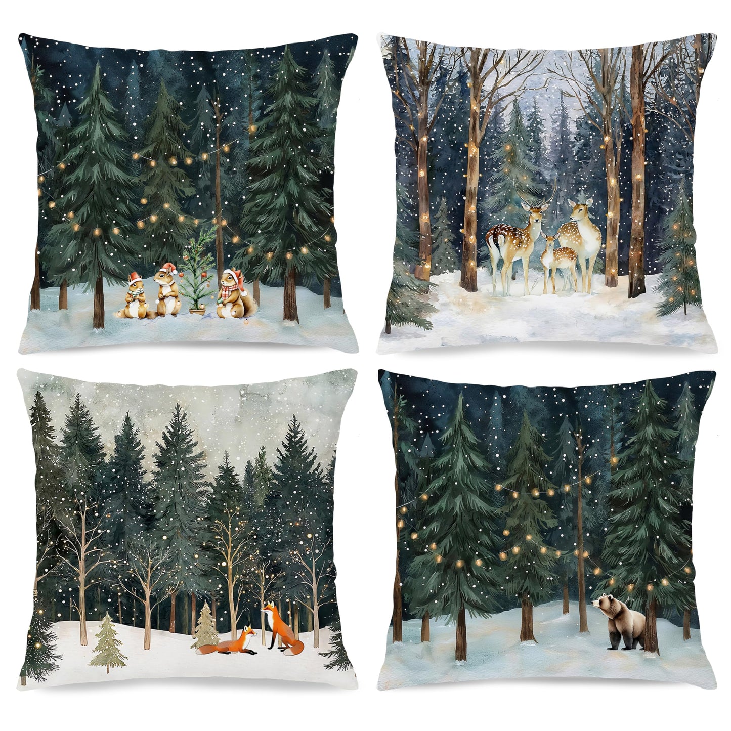 Nipil Christmas Winter Reindeer Squirrel Fox Bear Forest Pillow Covers 18x18 Set of 4,Rustic Christmas Xmas Animal Forest Winter Decorative Throw Pillow Covers for Home Bedroom Living Room