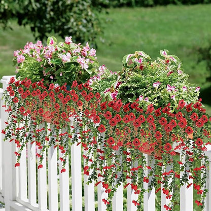 Artificial Fake Hanging Flowers Plants for Outdoor Spring Summer Decoration, 4pcs Faux Silk Realistic UV Sun Resistant Daisy for Outside Porch Patio Window Box Yard Home Decor (Red)