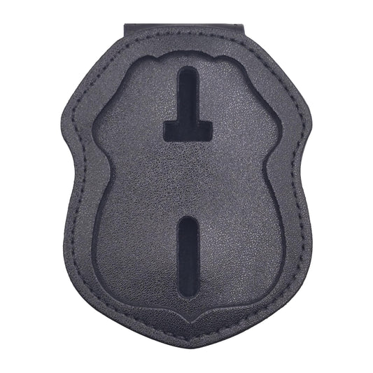 Police Badge Holder Made of Cowhide Universal Black with Leather Belt Buckle Hook Buckle and Stainless Steel Bead Chain Law Enforcement Officer Gifts Polygonal