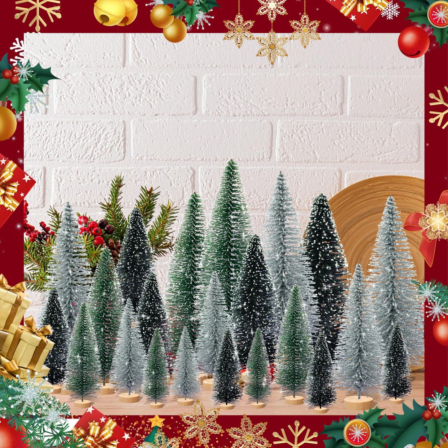 Tizuxa 30pcs Tiny Christmas Trees for Christmas Decorations, Mini Artificial Christmas Tree Small with Snowflakes Bottle Brush Trees for Christmas Decor Party Home Table Top Winter Crafts Decorations