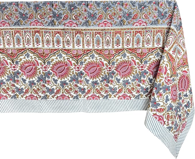 ATOSII Bella 100% Cotton Rectangle Summer Tablecloth, Indian Block Print Floral Table Cloth I Dining Parties Weddings Outdoors Holidays 60 X 90 Inches, 6 Seater I Grandmillennial Farmhouse Boho
