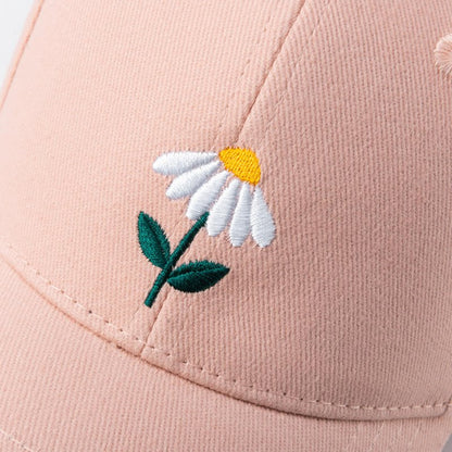 Kids Baseball Cap for Children, Premium Cotton, Stylish Hat Design- Girls 3-7 Years Age - Pastel Pink, White Daisy Patch