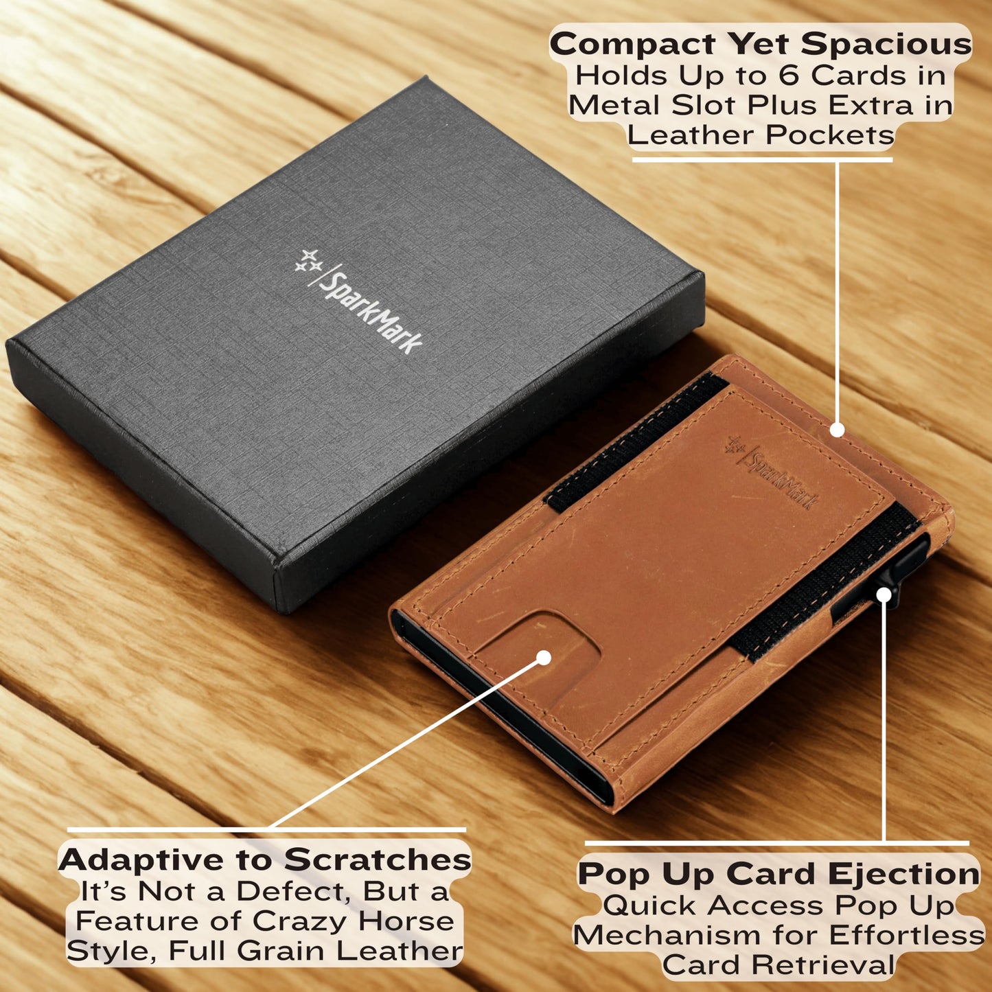 SparkMark Minimalist Pop Up Wallet for Men | RFID Blocking Credit Card Holder Wallet | Mens Wallet Slim Front Pocket Metal Case with Gift Box (Genuine Full Grain Soft Leather)