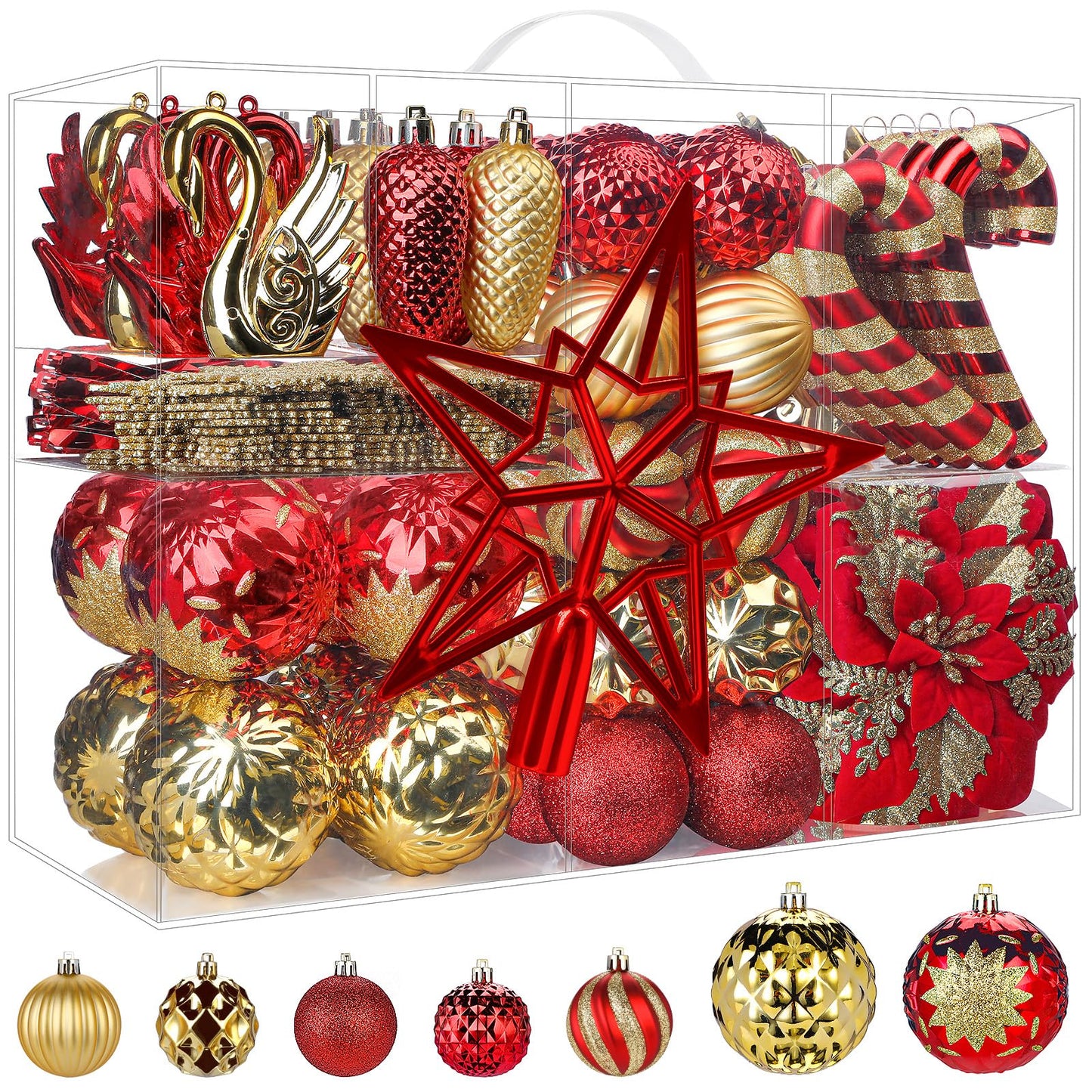 Alupssuc 128pcs Christmas Balls Ornaments Set, Shatterproof Plastic Baubles Christmas Flowers and Tree Topper for Xmas Tree Holiday Wedding Party Decorations with Hanging Strings, Red and Gold