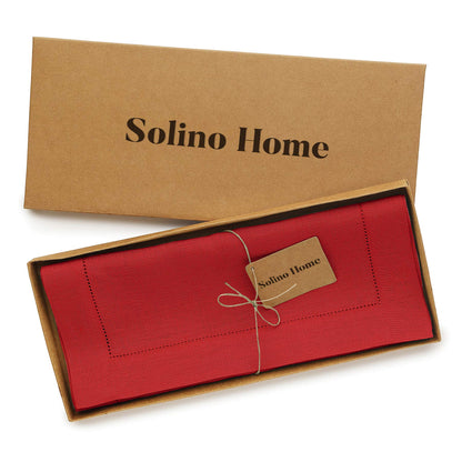 Solino Home Linen Red Table Runner 120 Inches Long - 100% Pure Linen 14 x 120 Inch Table Runner for Summer - Classic Hemstitch
