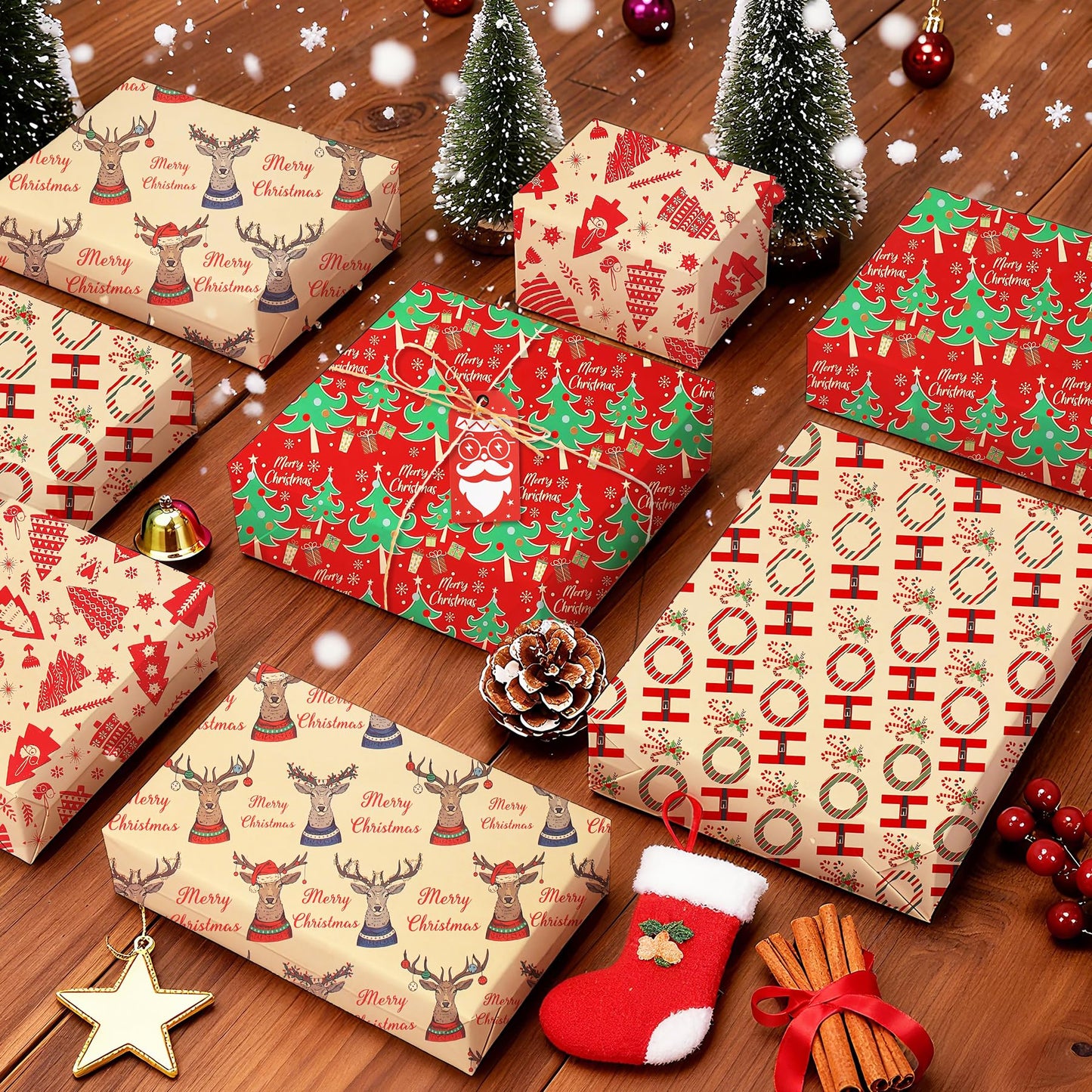 ENFANTRY Christmas Wrapping Paper, 4 Sheets Gift Wrapping Paper Bundle, Christmas Tree Reindeer Head Xmas Gift Paper, Thick Kraft Brown Paper for Chrimas, Birthday, New Year, Valentines, Wedding, Holiday Deco, DIY