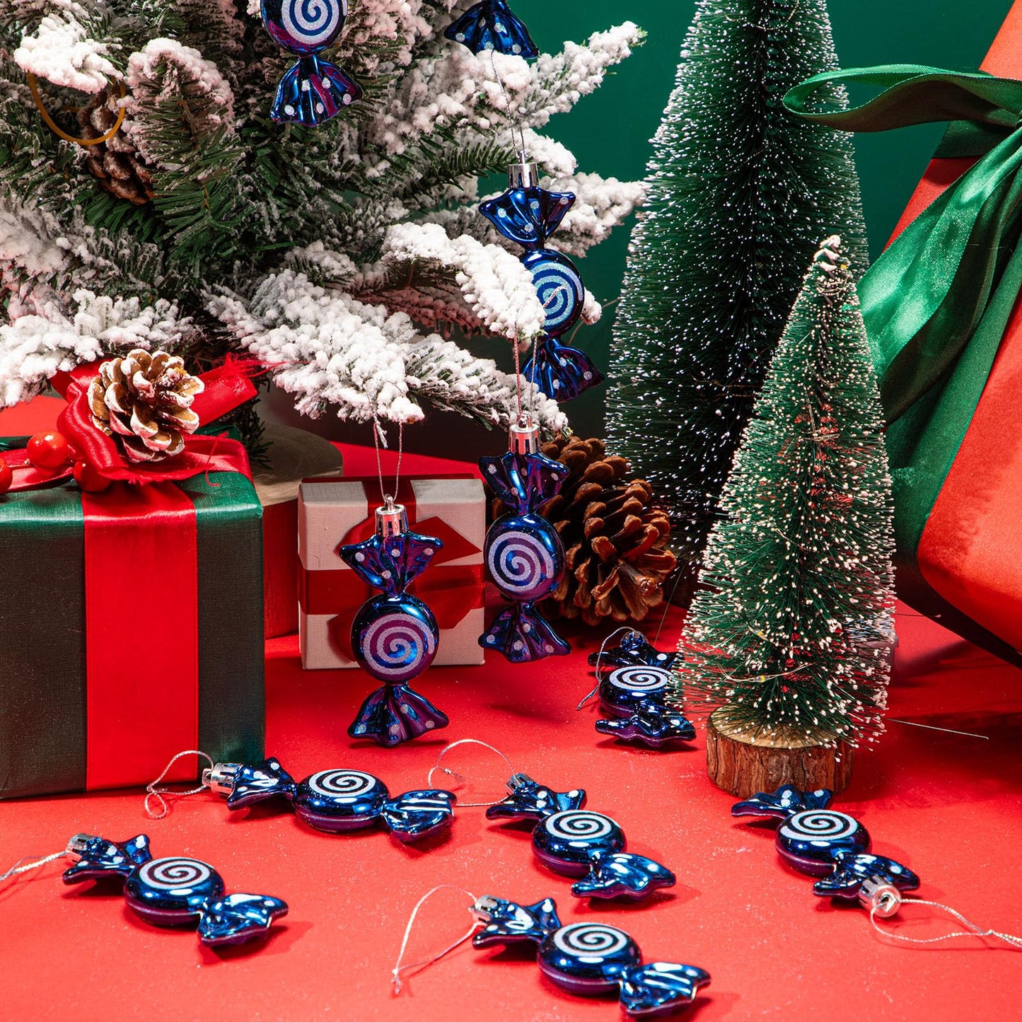 Threan 12 Pcs Christmas Candy Ornaments for Tree Decoration Hanging Glitter Candy Cane Christmas Peppermint Ornament with Golden Rope for Xmas Holiday Decoration(Dark Blue,Plastic)