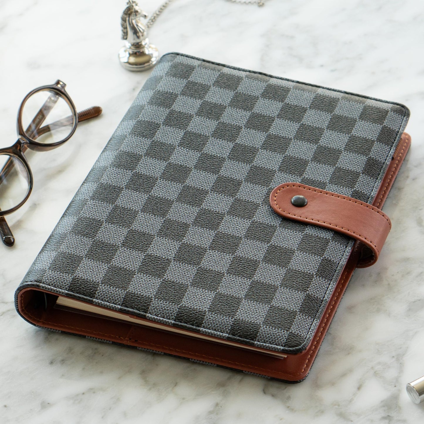 DAILY RITMO® A5 Black Checkered Planner with Brown Red | PU Leather Six Ring Cover