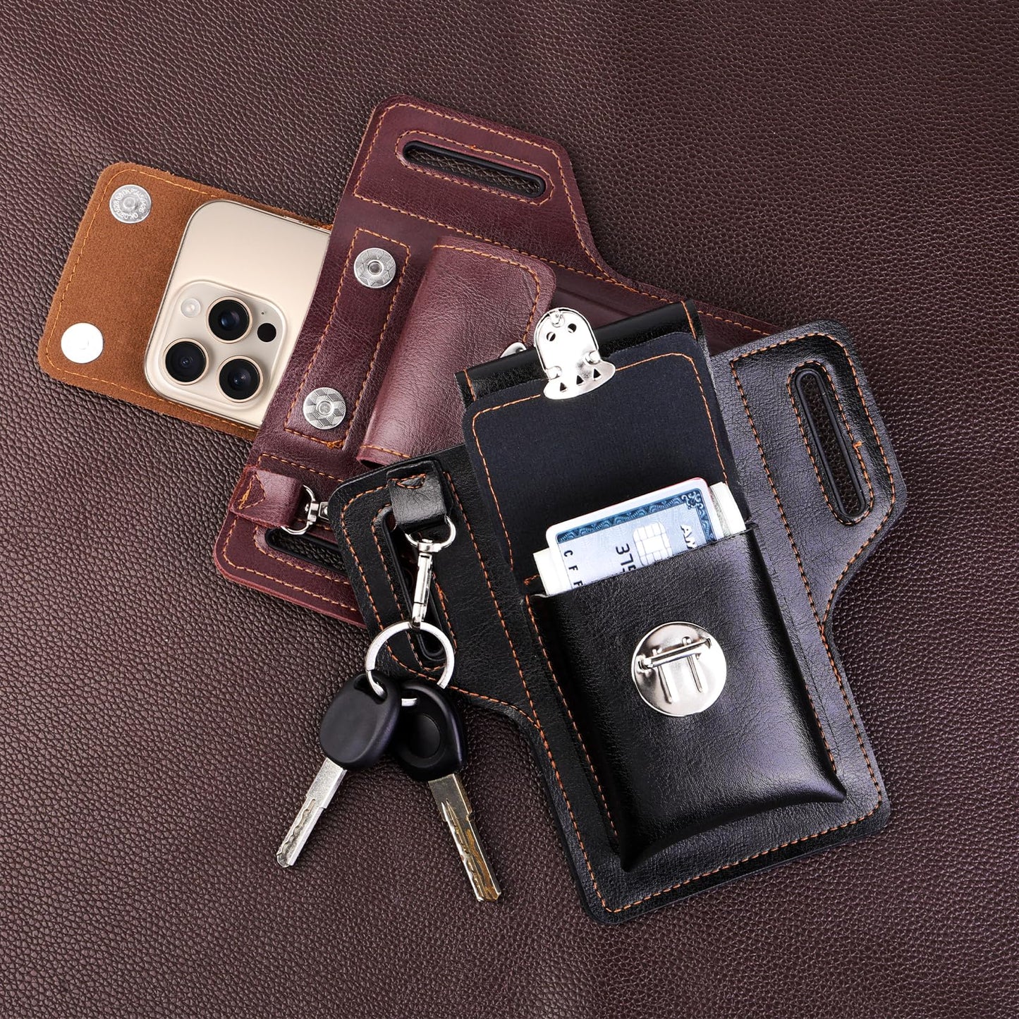 Leather Cell Phone Holster for Men, EDC Belt Pouch with Magnetic Closure & Keychain Clip, Lightweight Universal Waist Phone Case for Large Phones, Dog Walking, Travel & Hiking