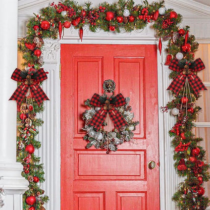Xinnun 4 Pieces Christmas Buffalo Plaid Bows with Pine Cones Pine Needles Xmas Plaid Bow Ornament Christmas Tree Wreath Decoration for Holiday Parties DIY Crafts Home Decor (Red,Black)