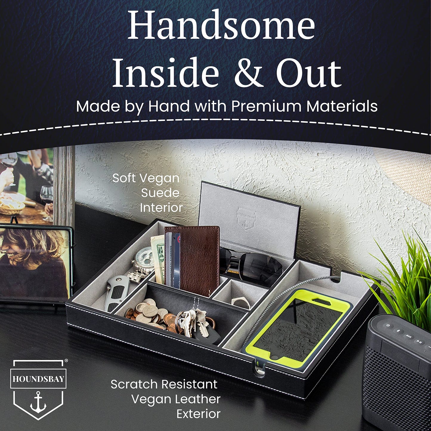 HOUNDSBAY Victory Valet Tray for Men, Camo Gifts for Men, Handmade PU Leather EDC Tray, Scratch Resistant, Nightstand Organizer - Black Woodland Camo