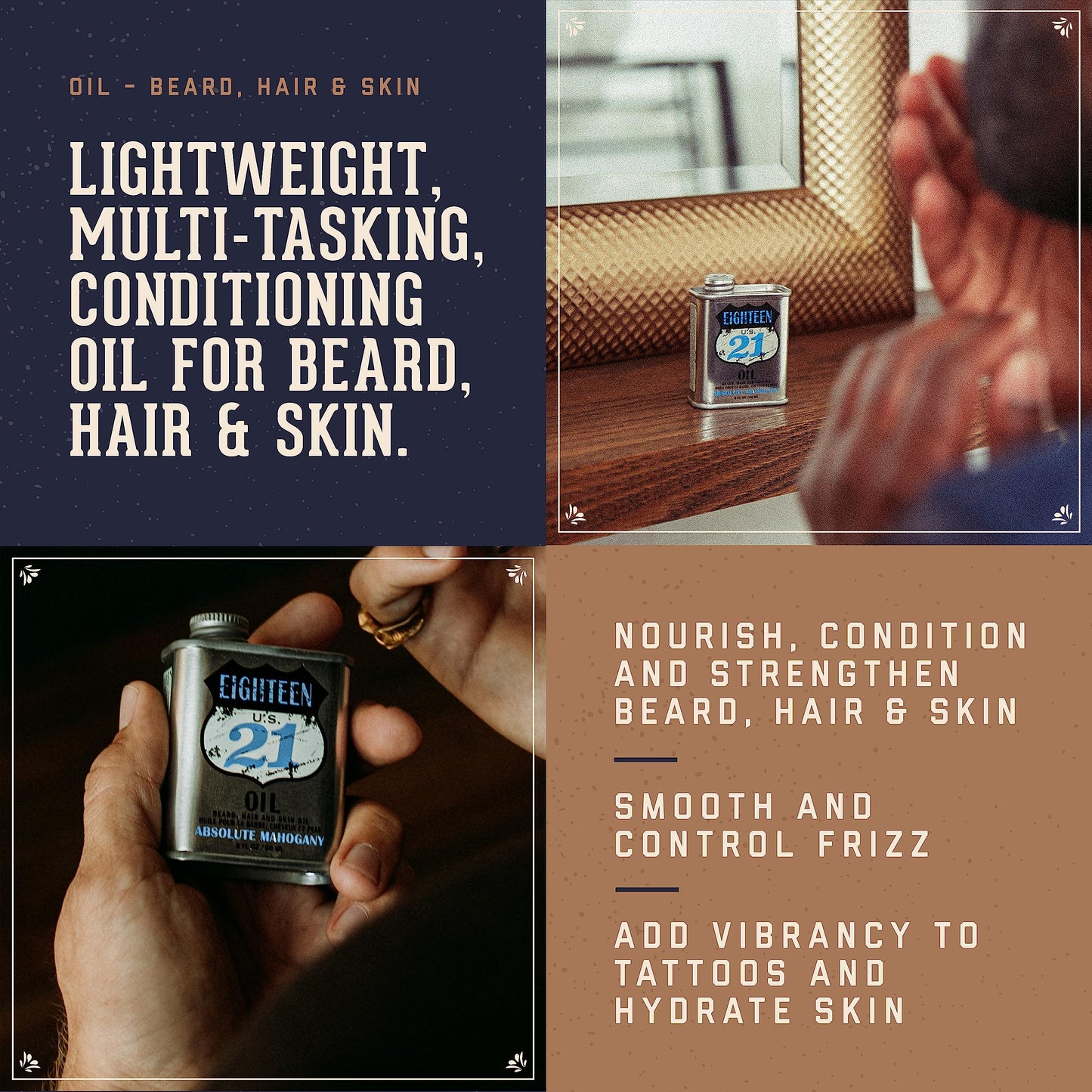 18.21 Man Made Hair, Skin & Beard Oil for Men, 4 Scents - Non-Greasy, Conditioning Balm with Castor Seed, Jojoba, and Argan Oils - Premium Tattoo and Mustache Care Products