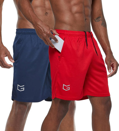 G Gradual Men's 2 Pack 7" Workout Running Shorts Quick Dry Lightweight Gym Shorts with Zip Pockets (2 Pack: Navy Blue/Red X-Large)