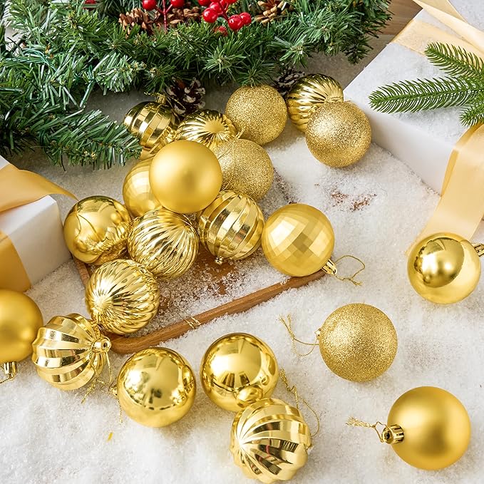 JOIEDOMI 24 Pcs Gold Shatterproof Christmas Balls Ornaments, 2.36" Christmas Tree Decoration Ornaments Set, Xmas Hanging Decorations for Tree Wreath Garland Wedding Indoor Holiday Party Decor