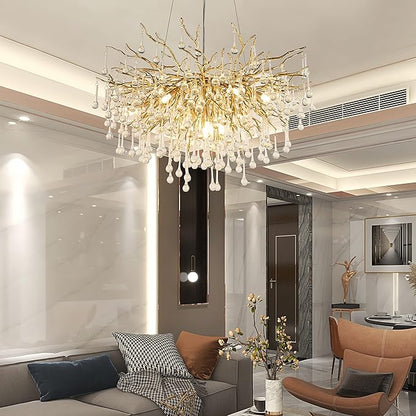 Crystal Chandelier for Dining Room 10-Light Raindrop Chandelier Contemporary Champagn Gold Pendant Light Fixture for Kitchen Island Bar