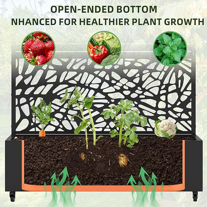 Casaphoria Metal Raised Garden Bed with Trellis and Wheels, 72"x47"x16" Planter Box for Climbing Plants, Vegetables & Vines, Features Drainage Holes and Privacy Screen, Black(Parallel&Louvered)