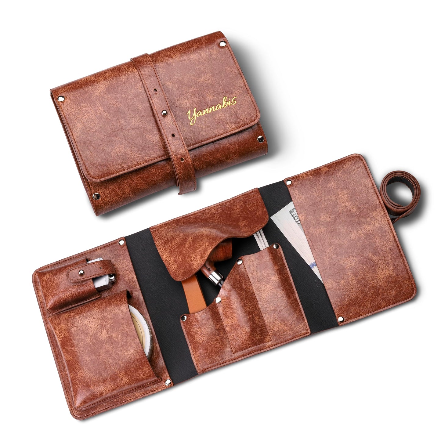 Yannabis Tobacco Pipe Pouch Bag Organize Case 2 Pipe Tool Holder with Leather Pipe Stand