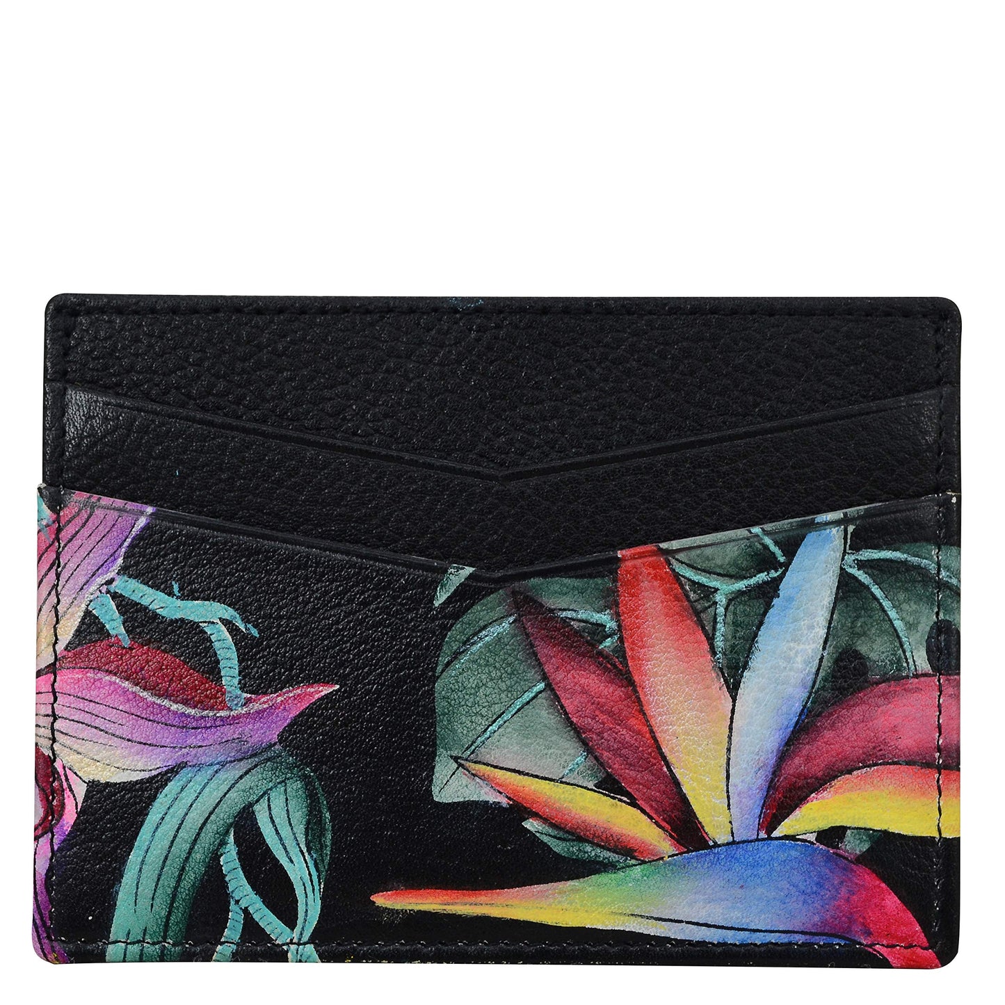 Anuschka Women’s Hand-painted Genuine Leather Credit Card Case - One Open Pocket, Four Card Holders - Island Escape Black