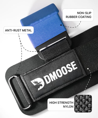 DMoose Fitness Weight Lifting Hooks (Pair) for Deadlifts, Pull Ups, Rows & Shrugs - Anti-Rip Nylon Strap Hand Grips with Thick Wrist Padding - Heavy Duty Wrist Straps for Weightlifting & Gym Workouts