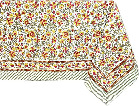 ATOSII Marigold 100% Cotton Spring Summer Tablecloth, Block Print Rectangle Table Cover for Dining, Parties, Weddings, Outdoors, Grand Millenial Decor 60 X 108 Inches I 8 Seater I