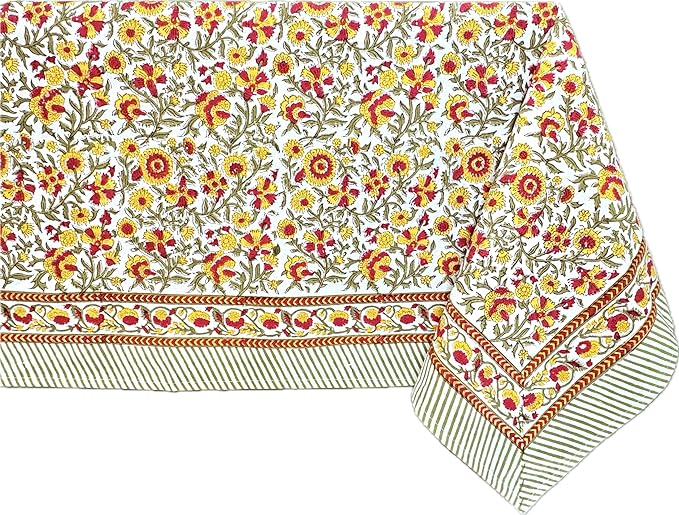 ATOSII Marigold 100% Cotton Spring Summer Tablecloth, Block Print Rectangle Table Cover for Dining, Parties, Weddings, Outdoors, Grand Millenial Decor 60 X 90 Inches I 6 Seater I
