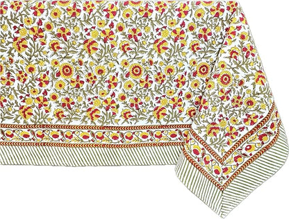 ATOSII Marigold 100% Cotton Spring Summer Tablecloth, Block Print Rectangle Table Cover for Dining, Parties, Weddings, Outdoors, Grand Millenial Decor 60 X 90 Inches I 6 Seater I