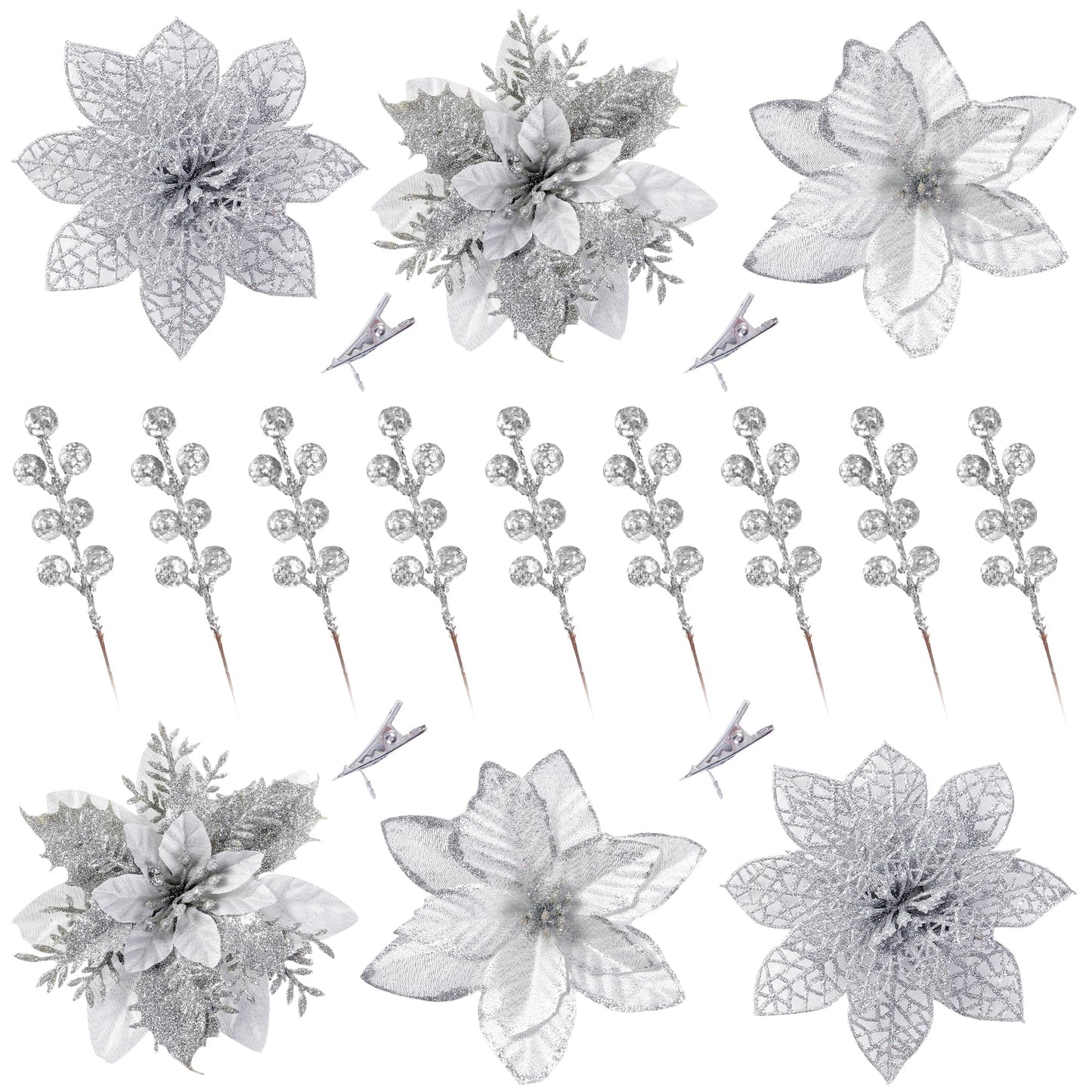 Sggvecsy 30 Pcs 3 Styles Christmas Glitter Poinsettia Flowers Artificial Berry Picks Christmas Tree Ornaments Artificial Christmas Flowers with Clips for Xmas Wreath Wedding Floral Decorations(Silver)