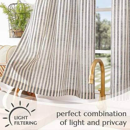 jinchan Striped Linen Kitchen Curtains 24 Inches Length Tier Curtains Farmhouse Modern Cafe Small Window Treatments Airy Light Filtering Rod Pocket for Living Room Bathroom 2 Panels Jet Black