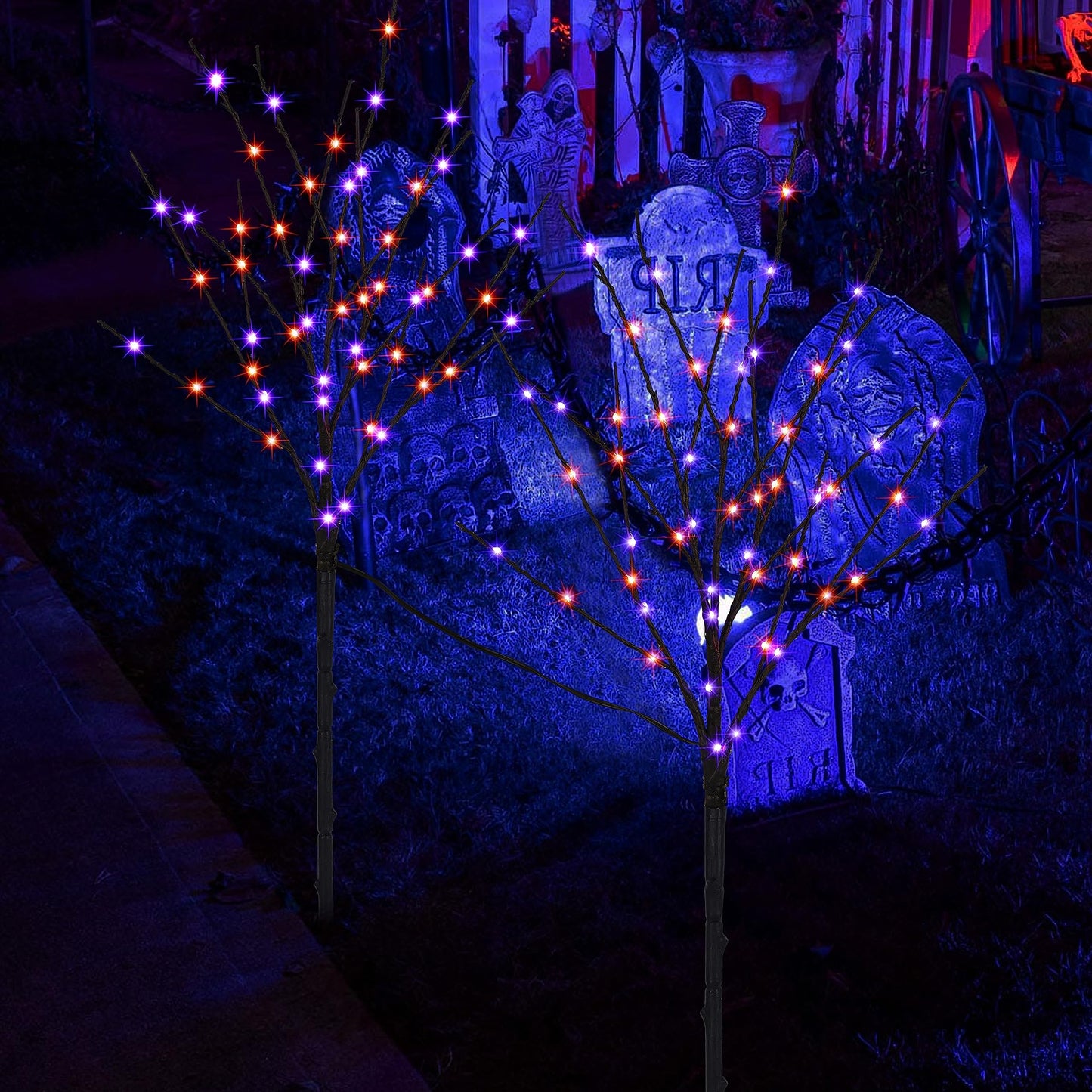 Lighted Halloween Tree Branches, 30IN 100LED Artificial Black Twig Branch with Purple&Orange Fairy Lights, Built-in Timer & Battery Operated, Waterproof for Outdoor Pathway Lawn Garden Decorations
