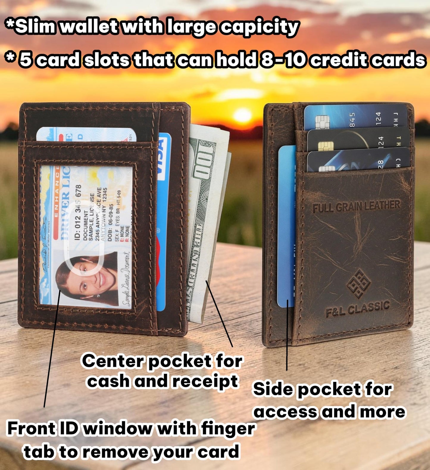 F&L CLASSIC Slim Minimalist Front Pocket leather card holder wallet, for men and women, RFID Blocking, dark brown,10-04