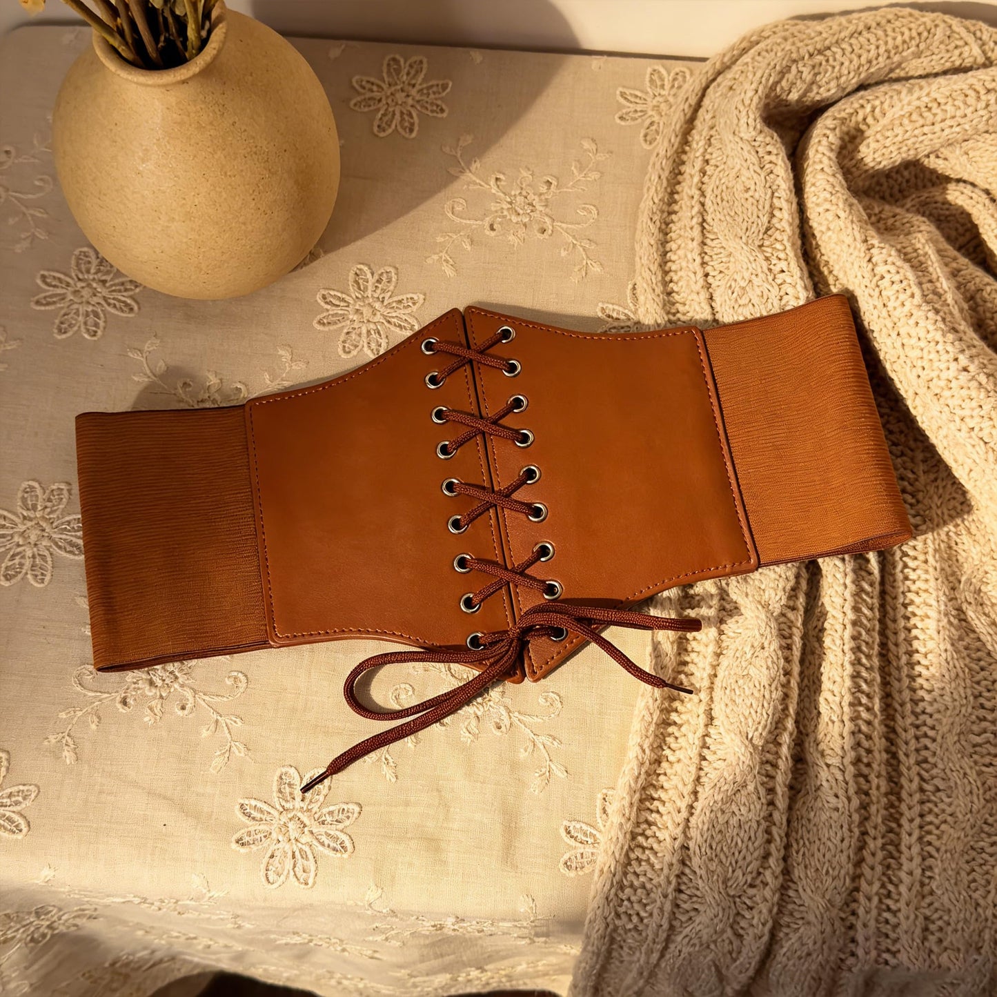 Wildarms Corset Waist Belt for Women, Wide Elastic Tie Waspie Belt for Dresses (Brown, Fit Waist 30-33in)