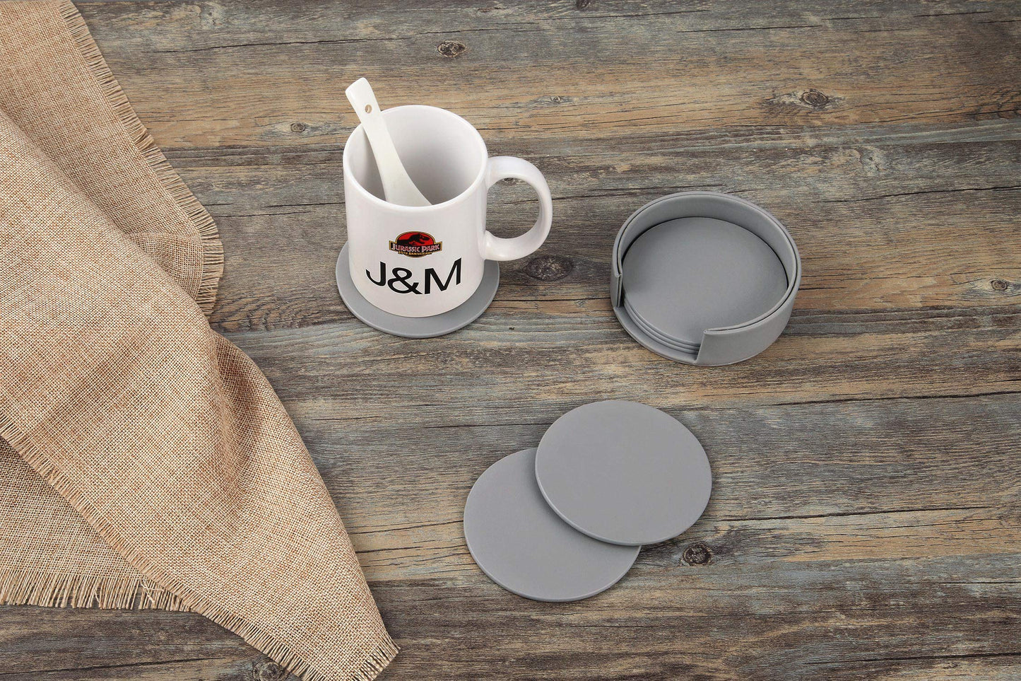 6 Pieces Grey Coasters, Coasters for Drinks with a Holder Cup Mat Pad Protect Furniture from Coffee or Tea Marks(Grey, Round)