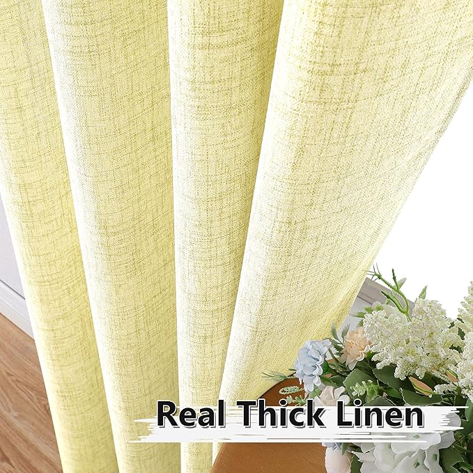 Tollpiz Short Linen Curtain Living Room Rod Pocket Semi Sheer Curtains Burlap Light Filtering Thick Linen Drape for Bedroom, 54 x 45 inches Long, Cream Yellow, Set of 2 Panels