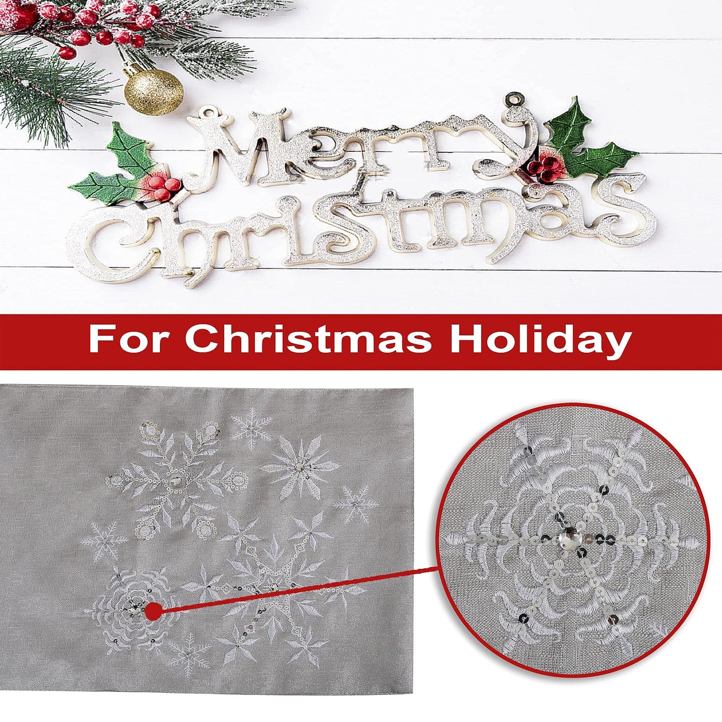 OWENIE Christmas Table Runner, Snowflake Silver Grey Table Runners, Xmas Holiday Tabletop Decor, Embroidery Table Centerpieces with Sequins and Diamonds, Glittering Winter Home Decorations, 14X70 Inch
