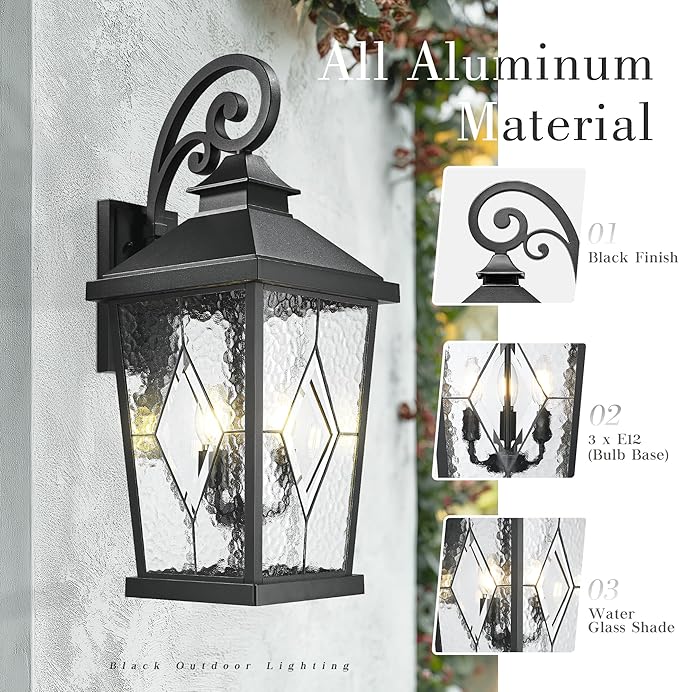 Emliviar Outdoor Light Fixture for Porch, 27-Inch Extra Large Exterior Porch Lantern Light, Waterproof Aluminum Outdoor Wall Sconce in Black Finish, WE301BL-SD BK