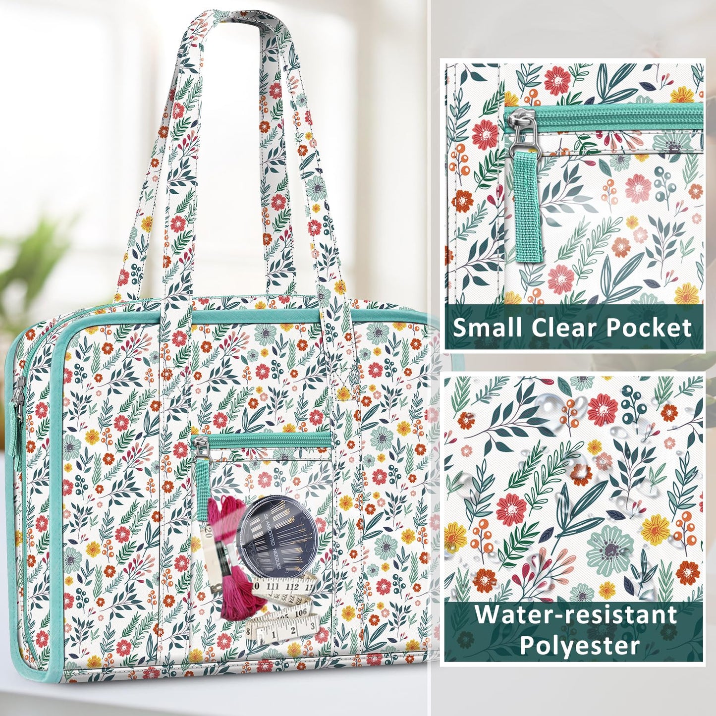 FINPAC Sewing and Craft Supplies Storage Tote, Large Capacity Travel Packing Organizer Bag with Clear Pockets and Handle for Knitting, Crochet, Art, Sewing Accessories (Spring Bloom)