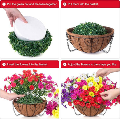 Artificial Faux Hanging Flowers Plants Basket for Outdoors, Silk Morning Glory with Eucalyptus in Planter Look Real UV Resistant Fake Flowers for Porch Outside Patio Balcony Yard Indoor Summer Decor