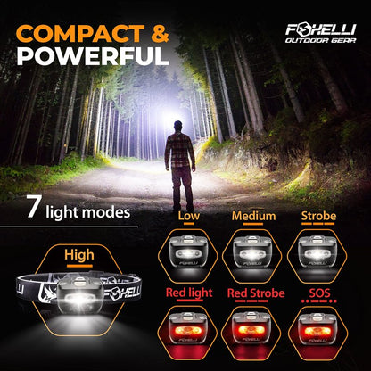 Foxelli LED Headlamp Flashlight for Adults & Kids, Running, Camping, Hiking Head Lamp with White & Red Light, Comfortable Headband, Lightweight & Waterproof, 3 AAA Batteries