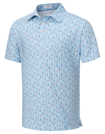 KYKU Mens Golf Polo Shirts Short Sleeve Dry Fit Performance Moisture Wicking Casual Print Collared Golf Shirts for Men Sky Blue Sailboat L