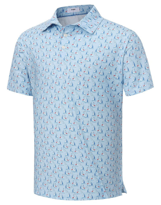 KYKU Mens Golf Polo Shirts Short Sleeve Dry Fit Performance Moisture Wicking Casual Print Collared Golf Shirts for Men Sky Blue Sailboat L